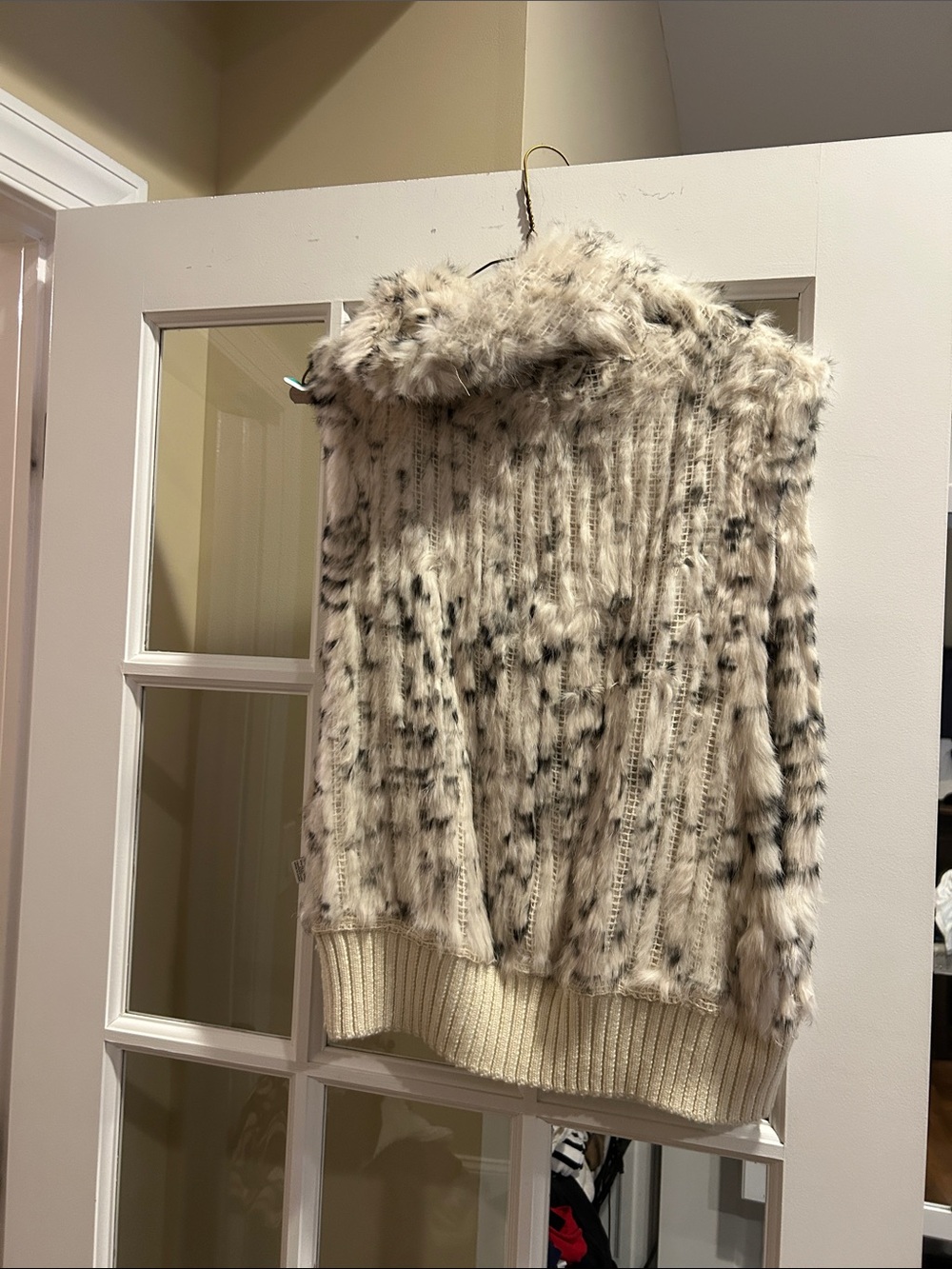 Cream and Black Speckled Faux-Fur Cowl Sweater Vest